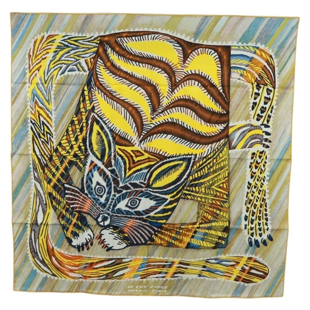 Hermes Silk Carre 90 Scarf In Le Chat Carre Beige